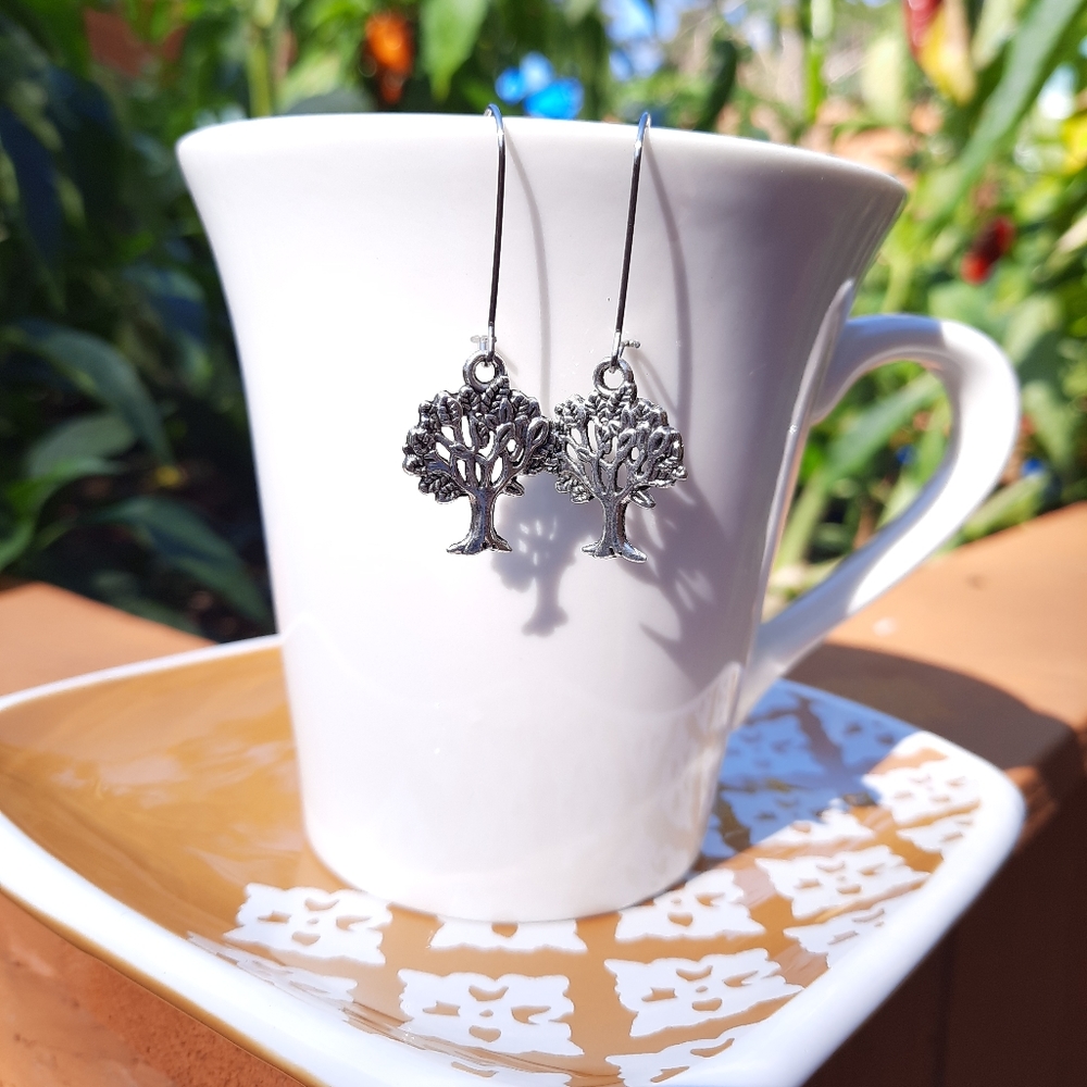 Tree Dangle Nature Silver Tone Earrings